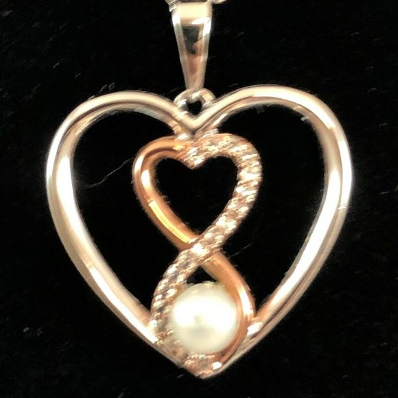 18k Rose Gold sterling Silver Pearl Infinity Heart Necklace $125 nwb - Picture 8 of 8
